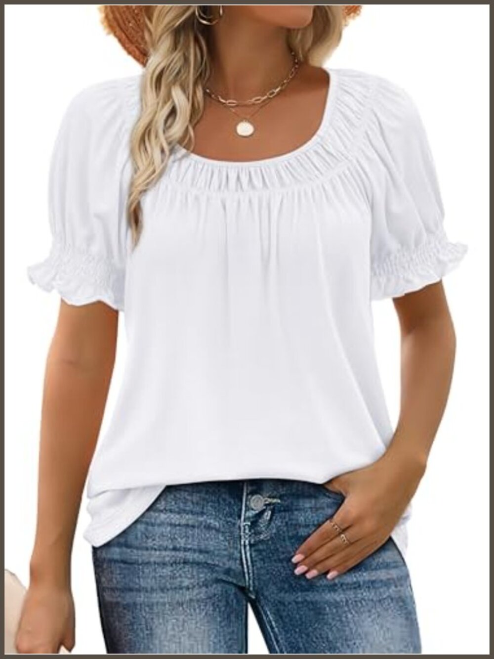Womens Square Neck Smocked Ruffle Short Sleeve Summer Blouse